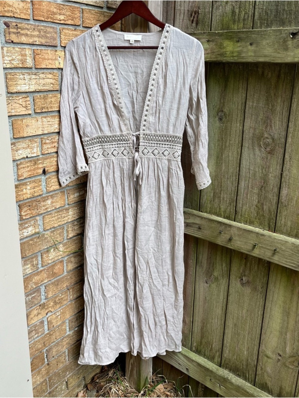 Rebellion Light Taupe Crochet-Trim Tie-Front Long Robe